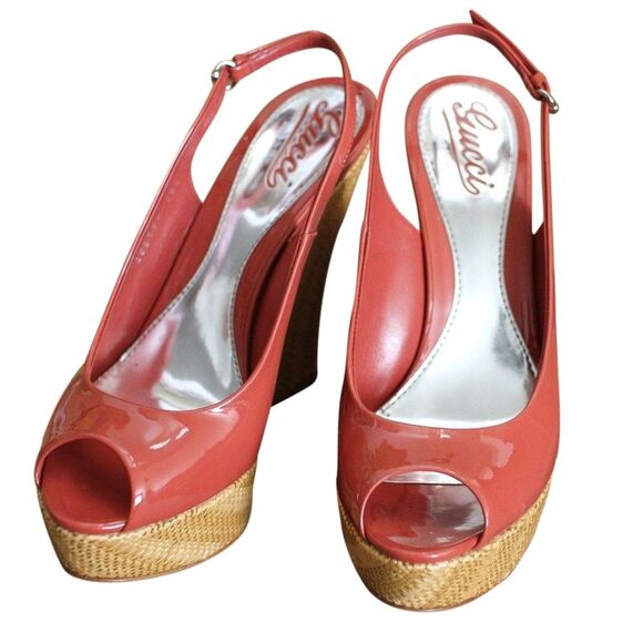 Gucci Women's Coral Patent Leather Platforms Wedges Shoes(39.5 G / 9.5 US) - Picture 3 of 8